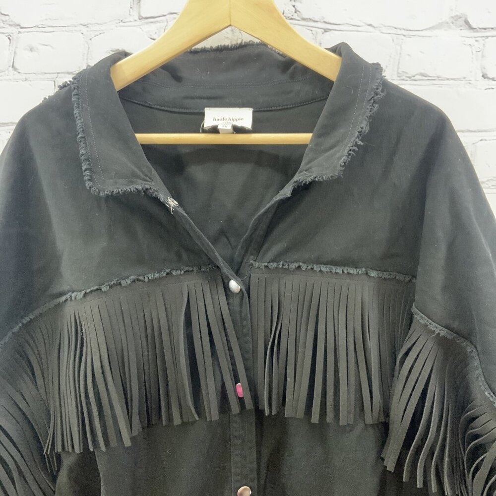 Haute Hippie Tribe Black Jacket Womens Sz 2X Microfiber Fringe Hippie Boho - Picture 2 of 10